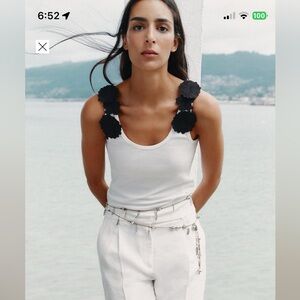 Elegant White Women's Tank with black Flower Appliqué